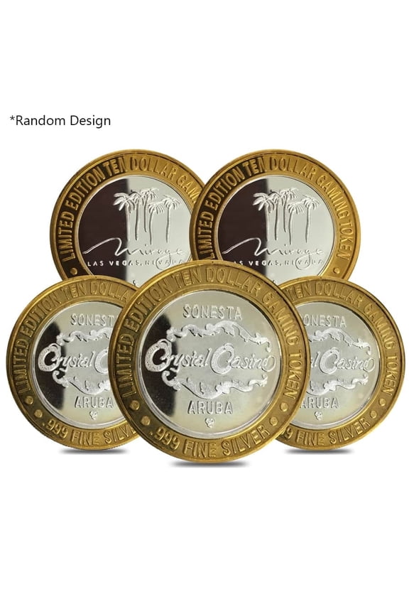 Lot of 5 - 0.6 oz $10 Gaming Token .999 Fine Silver (Random Design)