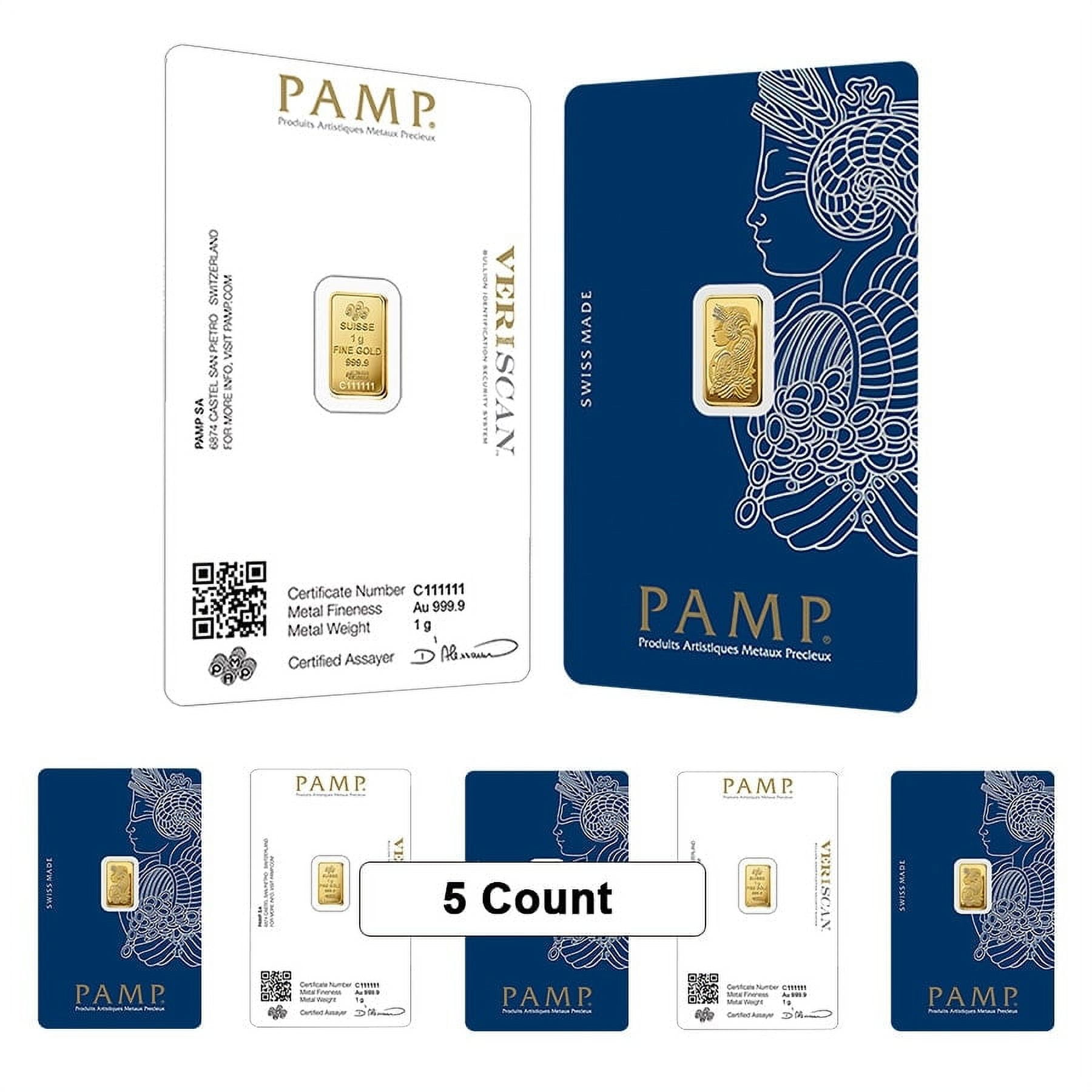 Lot of 5 - 1 Gram Gold Bar PAMP Suisse Lady Fortuna Veriscan .9999 Fine (in Assay)