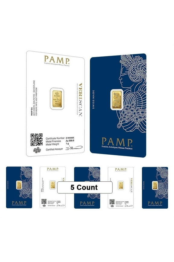 Lot of 5 - 1 Gram Gold Bar PAMP Suisse Lady Fortuna Veriscan .9999 Fine (in Assay)