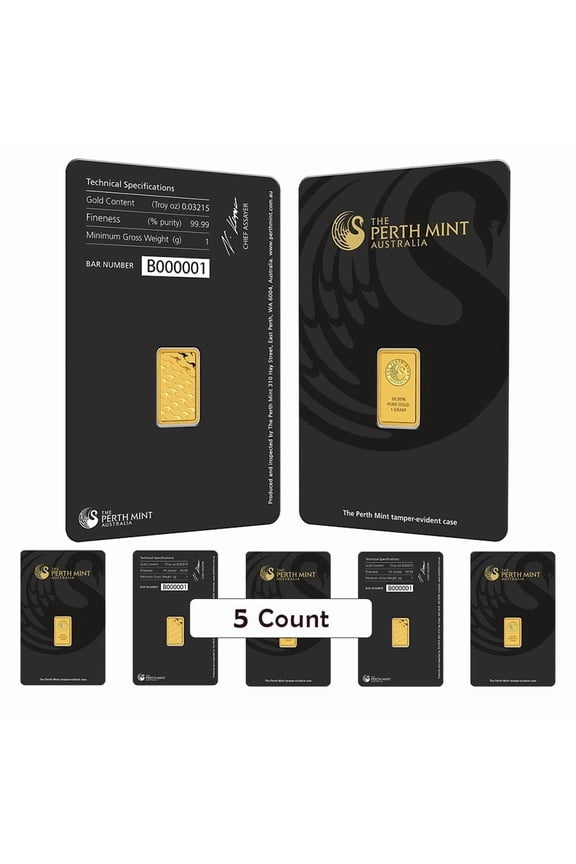 Lot of 5 - 1 Gram Perth Mint Gold Bar .9999 Fine (in Assay)