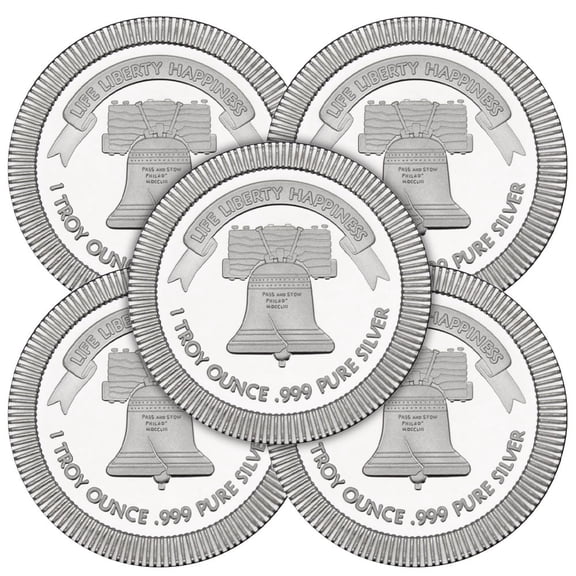 Lot of 5 - 1 Troy oz Liberty Bell Stackable .999 Fine Silver Round