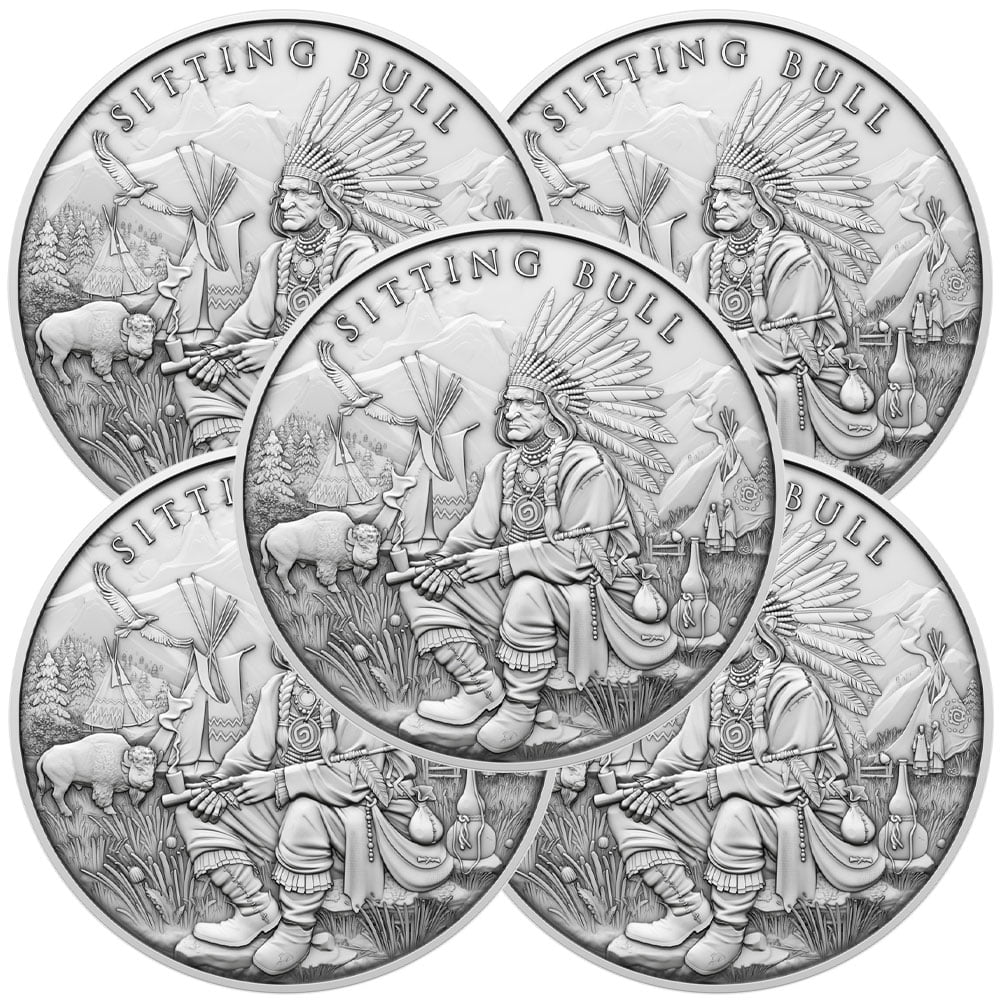 SILVERTOWNE MINT Lot of 5 - 1 Troy oz Sitting Bull Design .999 Fine Silver Round