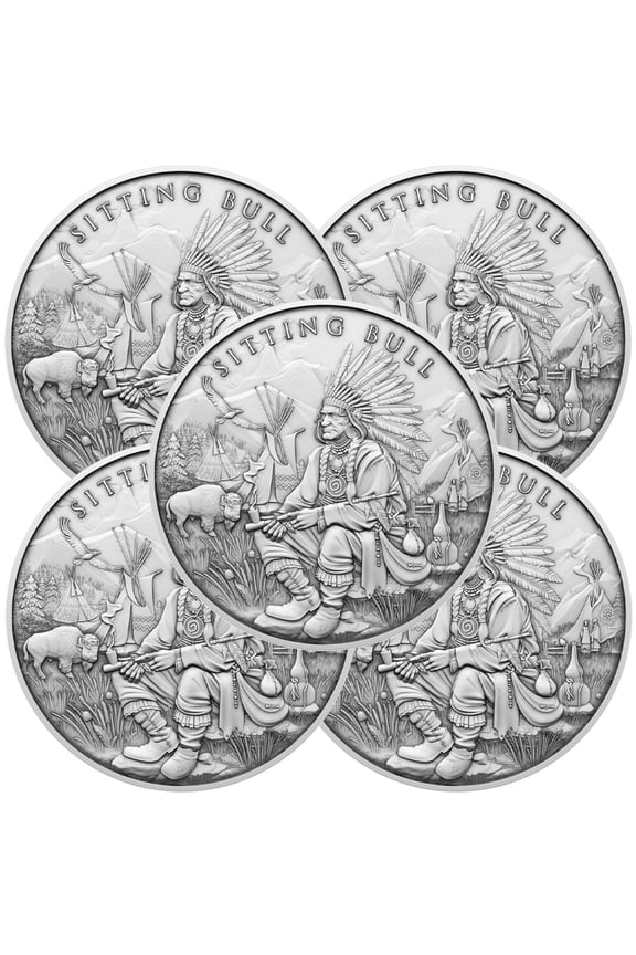 Lot of 5 - 1 Troy oz Sitting Bull Design .999 Fine Silver Round