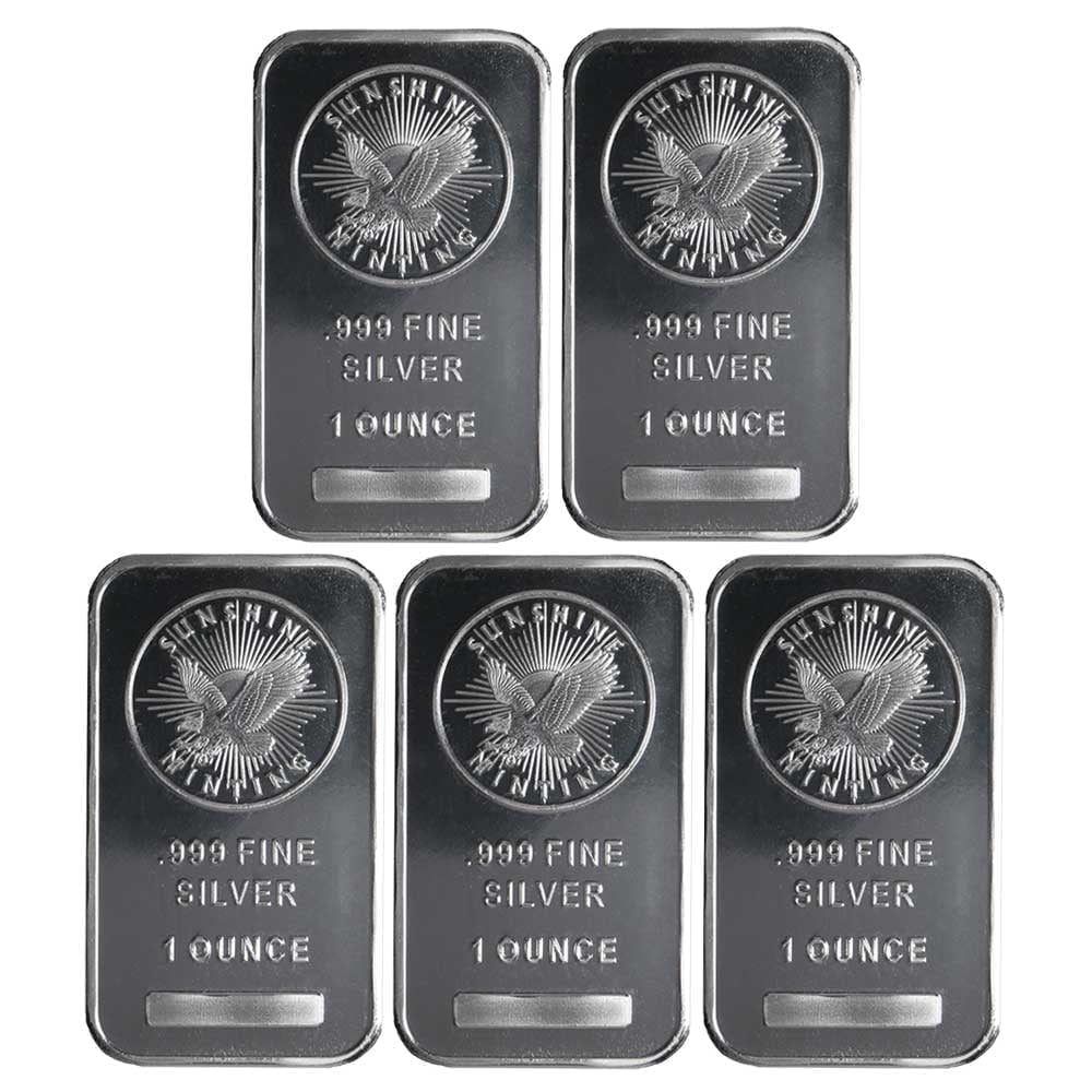 SUNSHINE MINTING Lot of 5 - 1 Troy oz Sunshine Mint .999 Fine Silver Bar Mint Mark SI Sealed