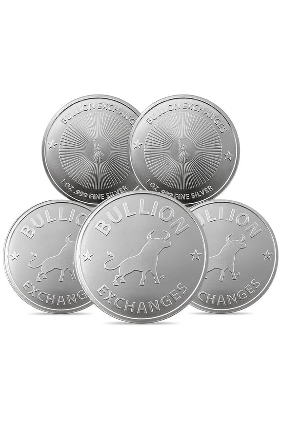 Lot of 5 - 1 oz Bullion Exchanges Silver Round .999 Fine