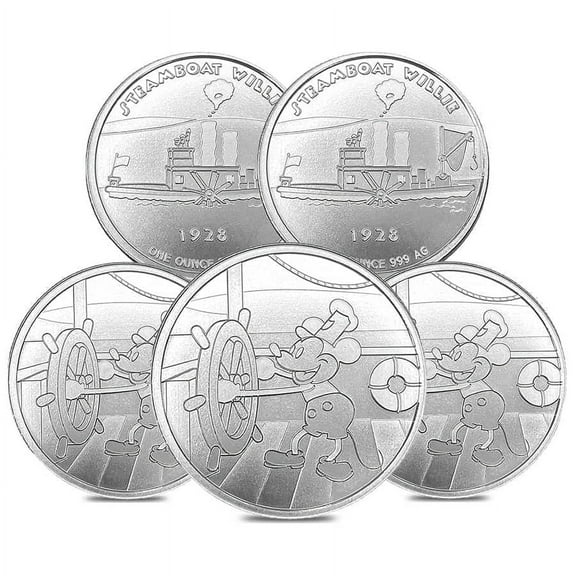 Lot of 5 - 1 oz Steamboat Willie Captain Silver Round .999 Fine