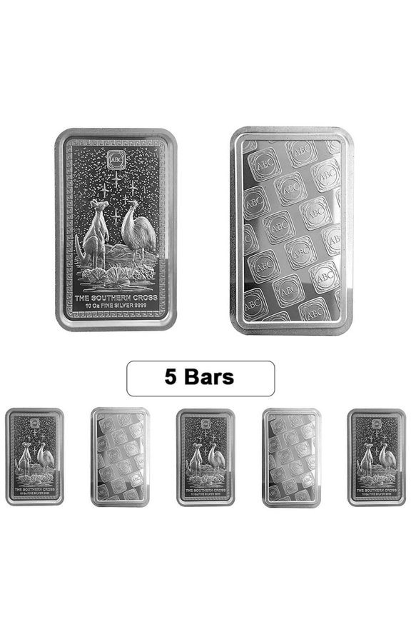 Lot of 5 - 10 oz ABC Refinery The Southern Cross Silver Bar High Relief .9999 Fine