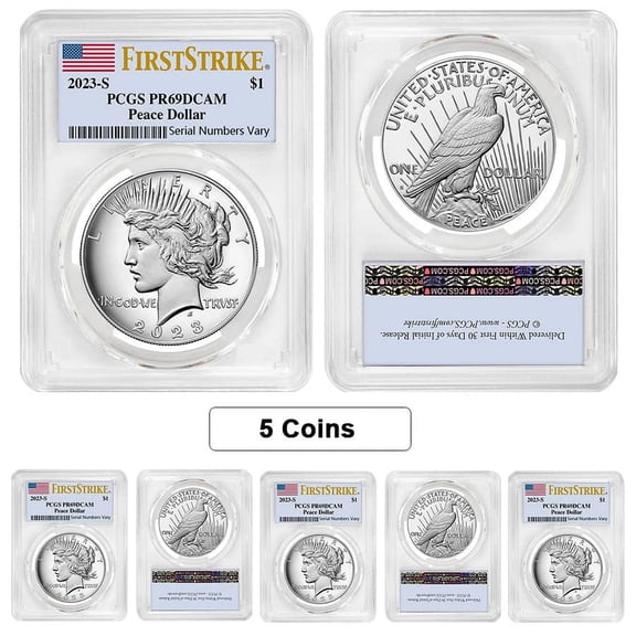 Lot of 5 - 2023-S Peace Silver Dollar Proof Coin PCGS PF 69 FS