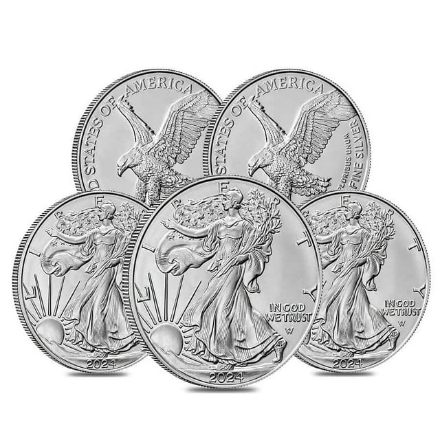 US Mint 2024 Silver American Eagle Bullion Coin, 1 oz BU Lot of 5