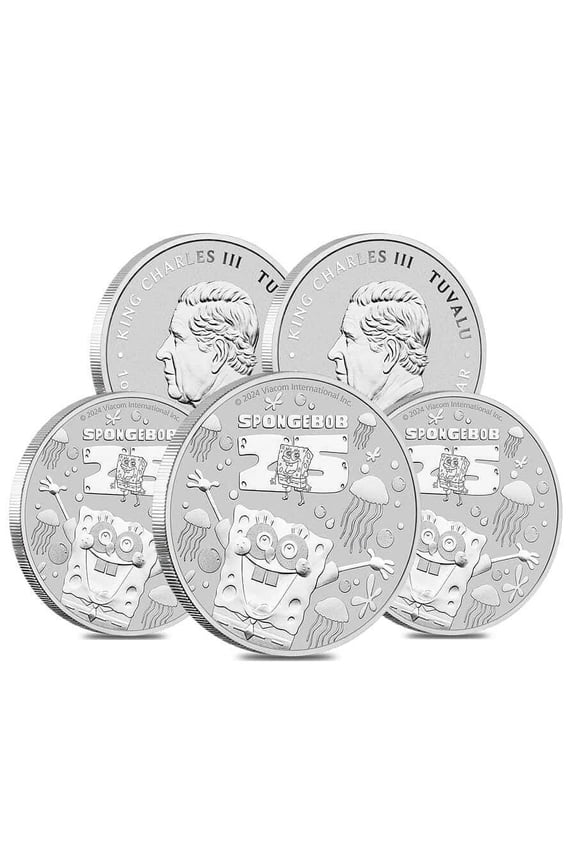 Lot of 5 - 2024 1 oz Tuvalu SpongeBob SquarePants 25th Ann. Silver Coin BU
