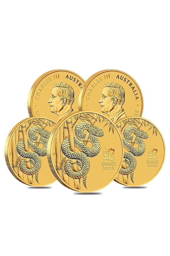 Lot of 5 - 2025 1/10 oz Gold Lunar Snake BU Australian Perth Mint