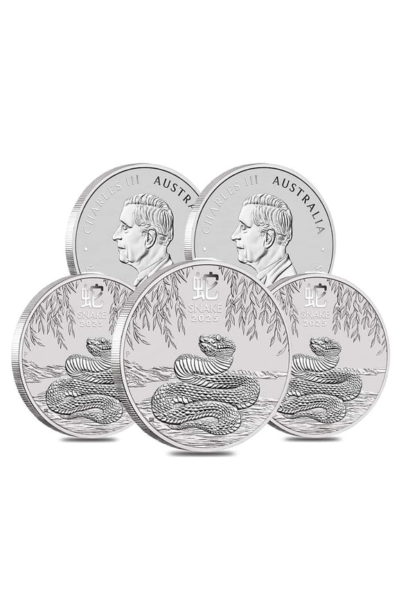 Lot of 5 - 2025 2 oz Silver Lunar Snake BU Australian Perth Mint