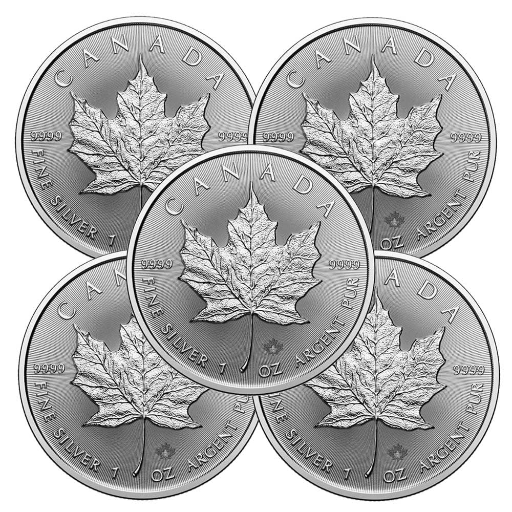 ROYAL CANADIAN MINT Lot of 5 - 2025 $5 Silver Canadian Maple Leaf 1 oz BU