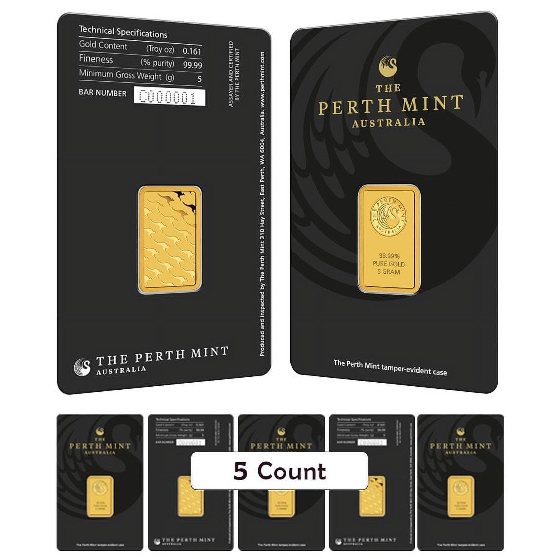 Lot of 5 - 5 Gram Perth Mint Gold Bar .9999 Fine (in Assay)