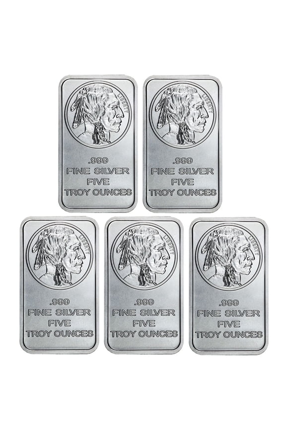 Lot of 5 - 5 Troy oz Buffalo .999 Fine Silver Bar Sealed