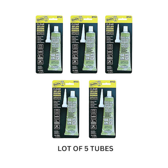 Lot of 5 - Dottie Clear Silicone Rubber - 100% RTV3 Silicone Adhesive Sealant - Total of 15 oz!