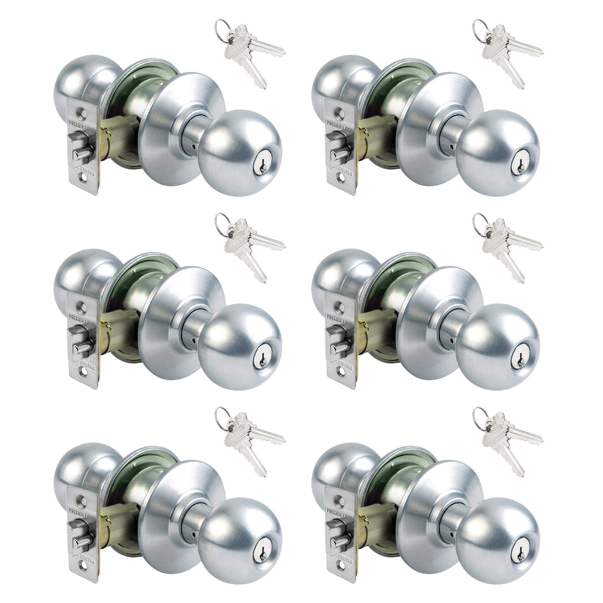 Lot of 6 Stainless Steel Grade 3 Keyed Entry Door Knob With 12 SC1 Keys - Boxed Keyed Alike