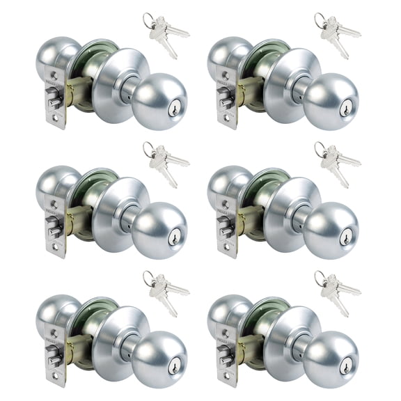 Lot of 6 Stainless Steel Grade 3 Keyed Entry Door Knob With 12 SC1 Keys - Boxed Keyed Alike