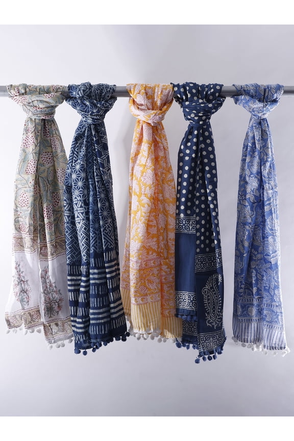 Lot of Five Block-Printed Scarves with Pom-Poms