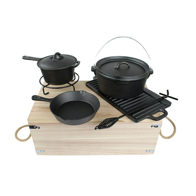 8 Piece Pre-Seasoned Dutch Oven Cooking Set Cast Iron Camping Cooking Set  Kitchen Cookware Bakeware Set Skillets & Square Grill Pan w/Vintage  Carrying Wood Box for Ourdoor Home Cooking BBQ Baking 
