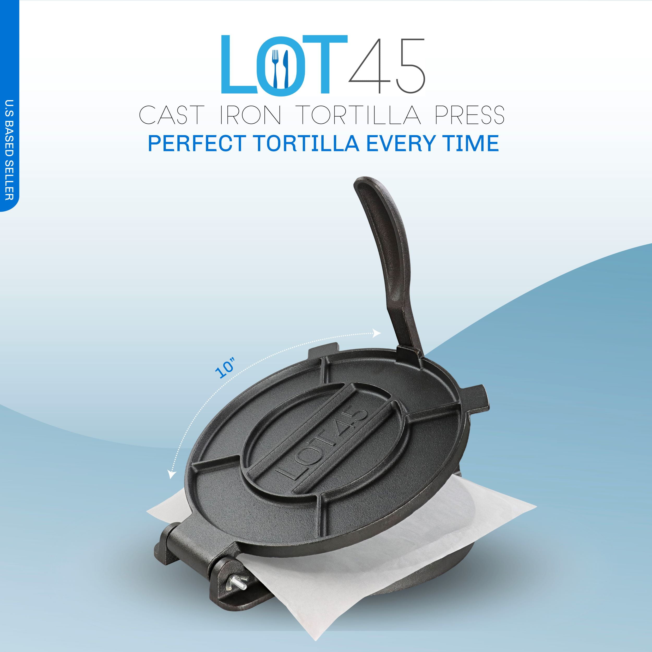 Lot45 10" Black Cast Iron Tortilla Press with Parchment Sheets