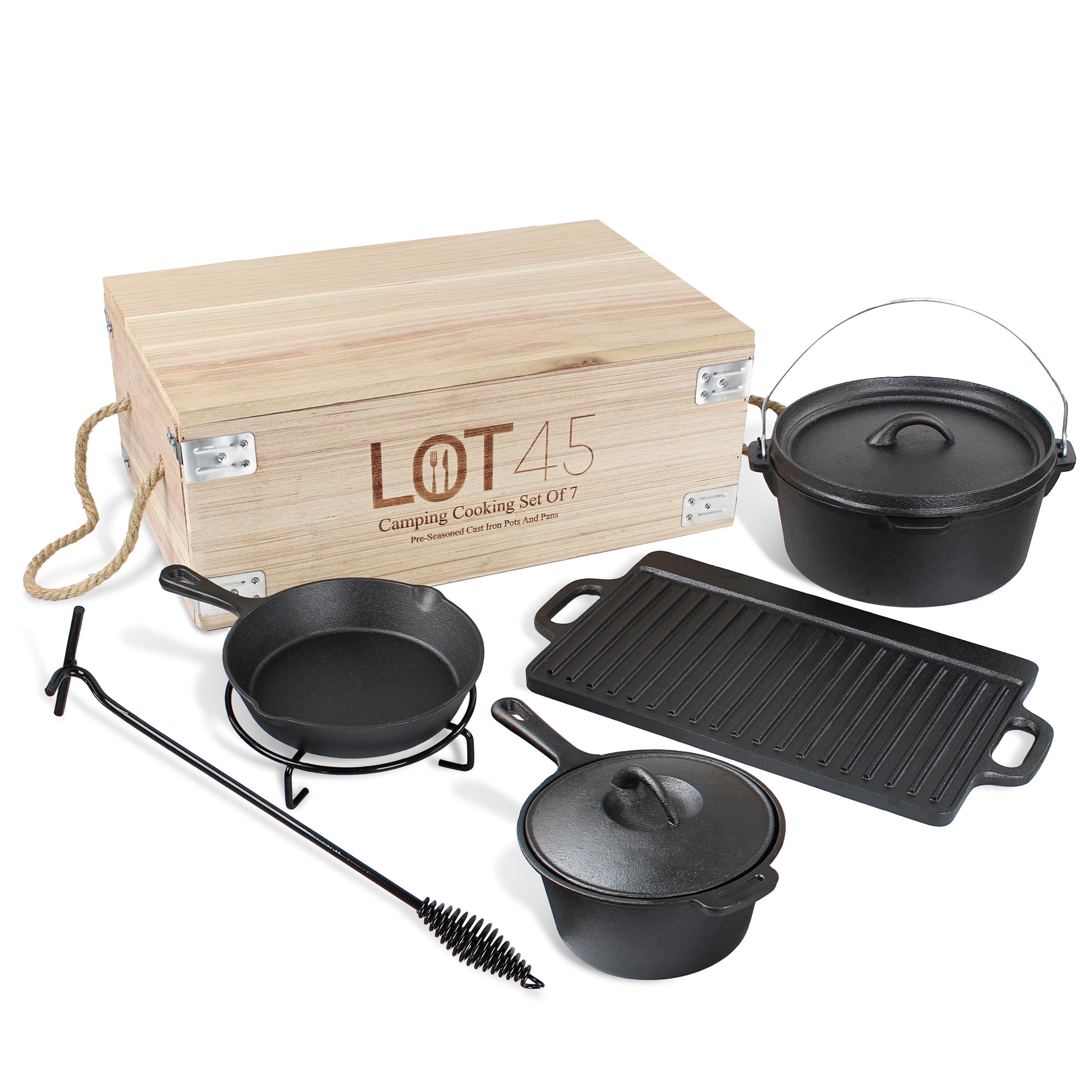 Lot45 Pre-Seasoned Black Cast Iron 7-Piece Camping Cookware Set