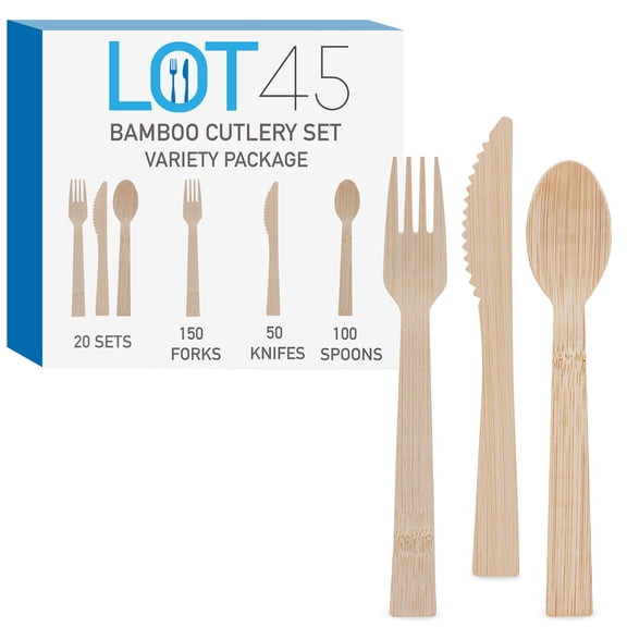 Lot45 Wooden Recyclable Utensils with Bonus Bamboo Travel Cutlery Sets - 360pc