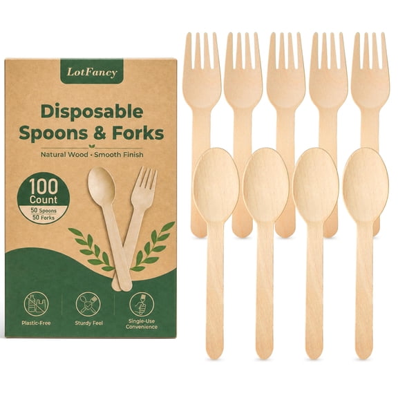 LotFancy 100 Pc Disposable Utensils, Wooden Disposable Cutlery Set,50 Forks, 50 Spoons