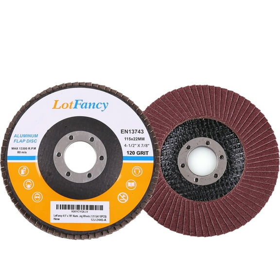 LotFancy 10Pcs 120 Grit Aluminum Oxide Sanding Flap Discs, 4.5 x 7/8 inches, Type#27