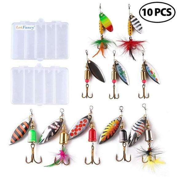 LotFancy 10Pcs Fishing Lures Spinnerbait, Hard Metal Bass Trout Salmon Kit with 2 Tackle Boxes