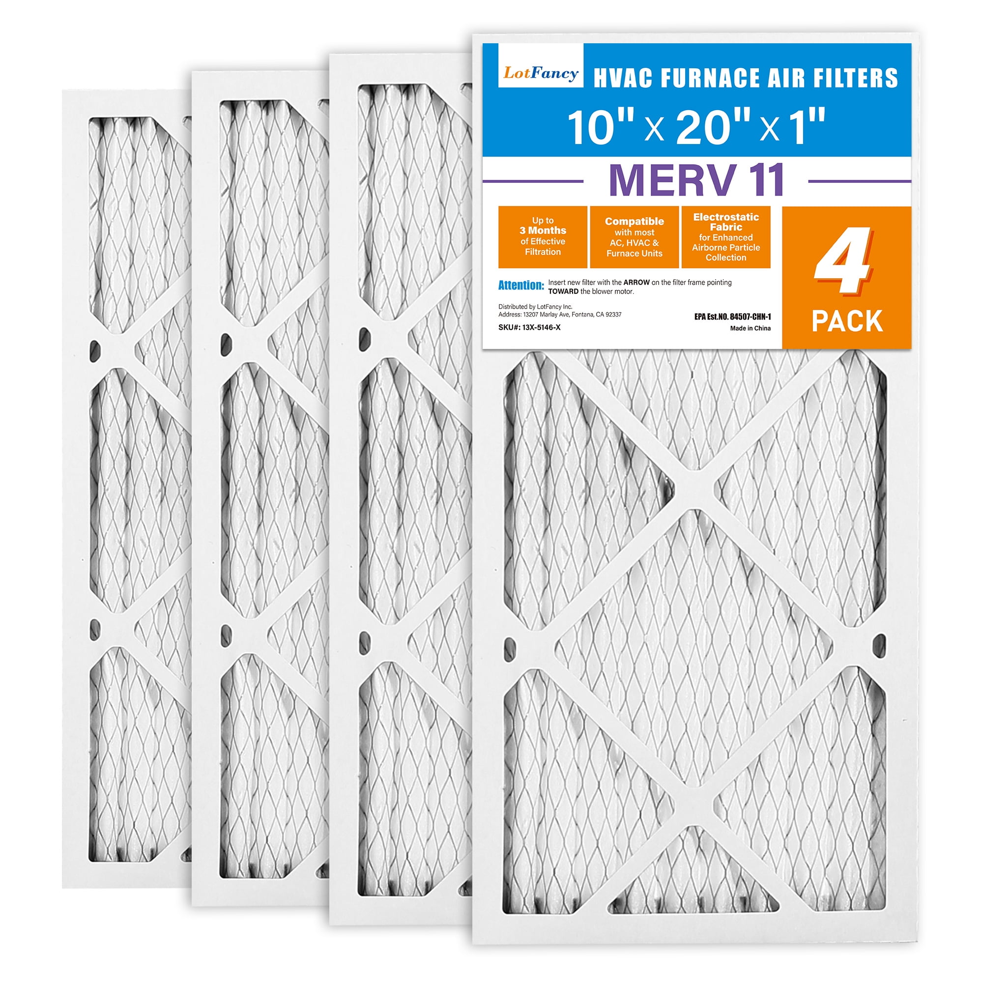 LotFancy 10x20x1 Air Filters, 4 Pack, MERV 11 Pleated HVAC AC Furnace