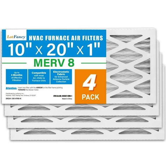 LotFancy 10x20x1 Air Filters, 4 Pack, MERV 8 Pleated HVAC AC Furnace Filters