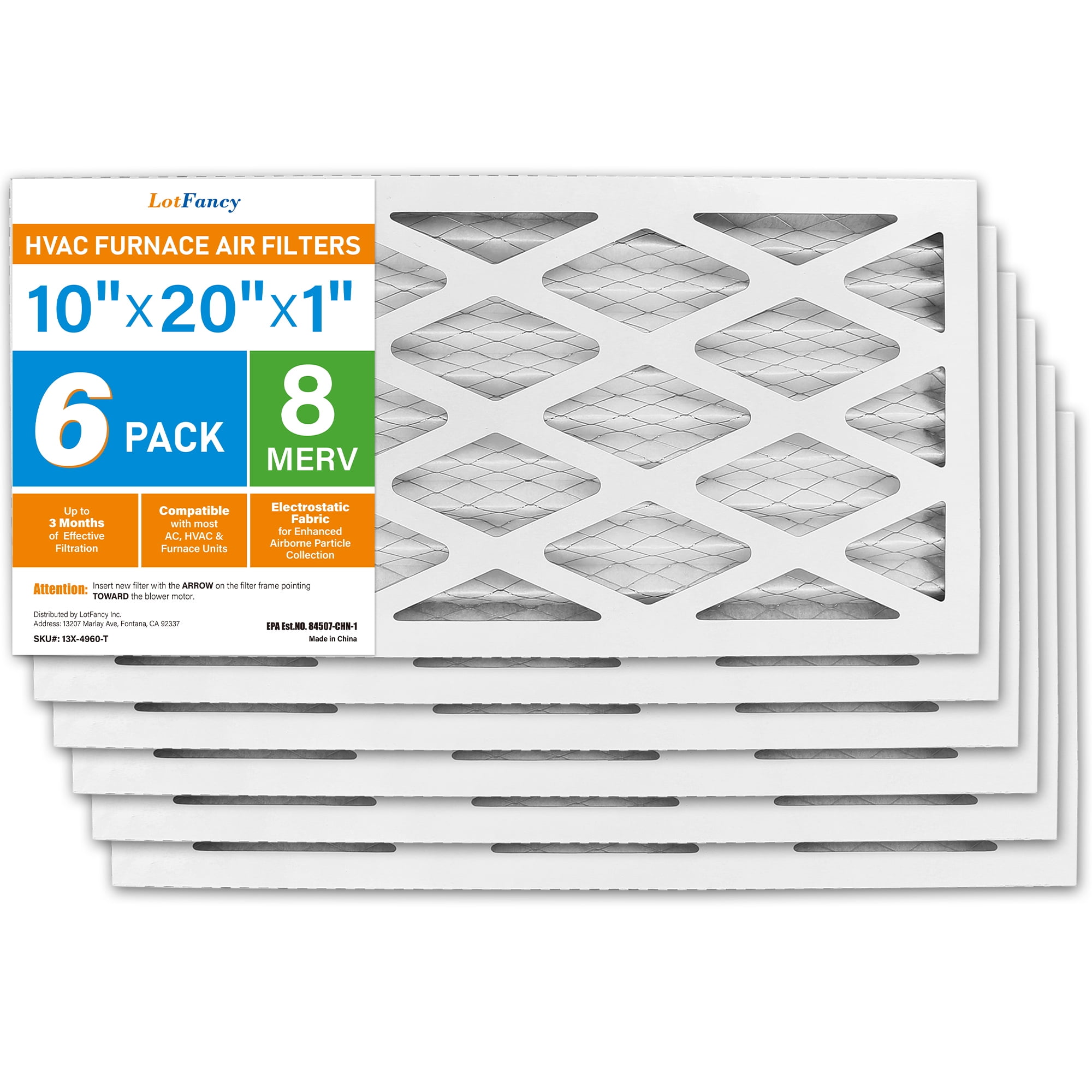 LotFancy 10x20x1 Air Filters, 6 Pack, MERV 8 Pleated HVAC AC Furnace Filters