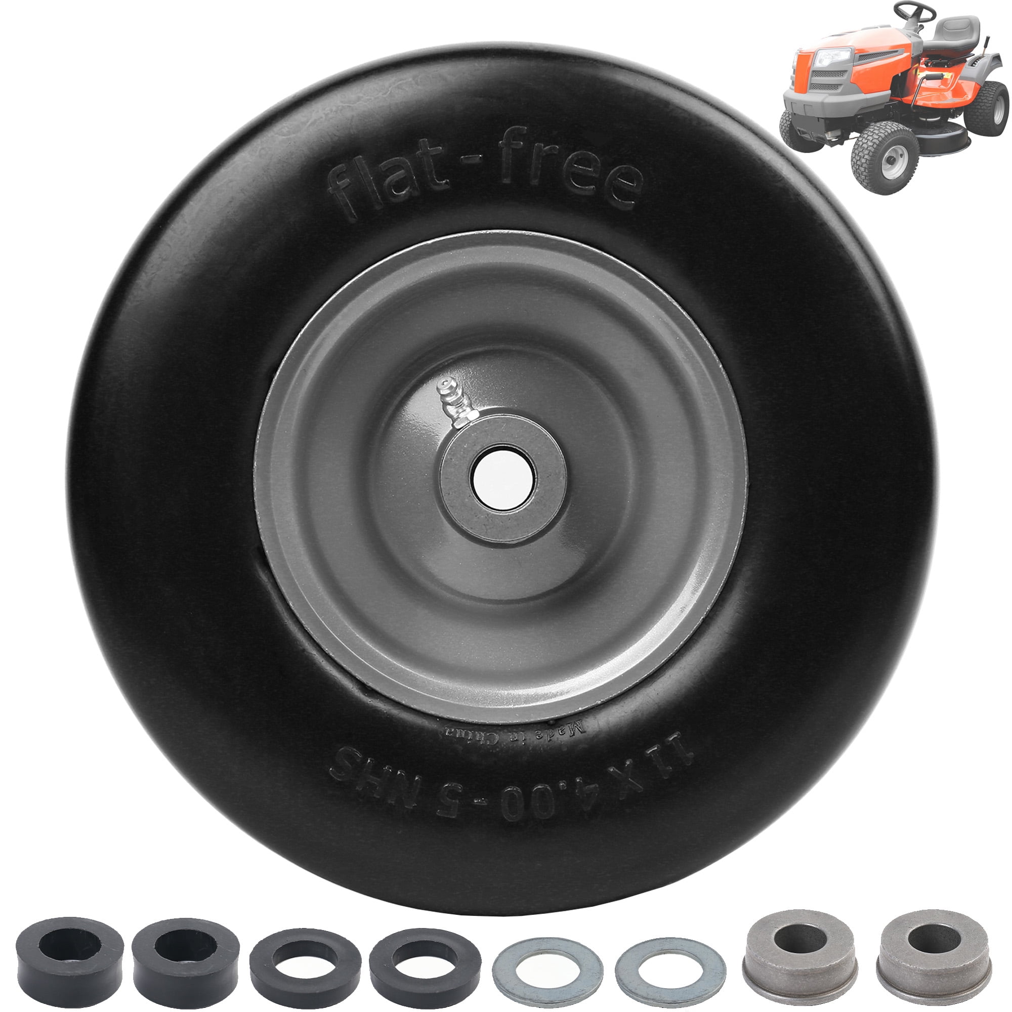 LotFancy 11x4.005" Flat Free Lawnmower Tire and Wheel Assemblies PU Tire on Wheel and Adapter