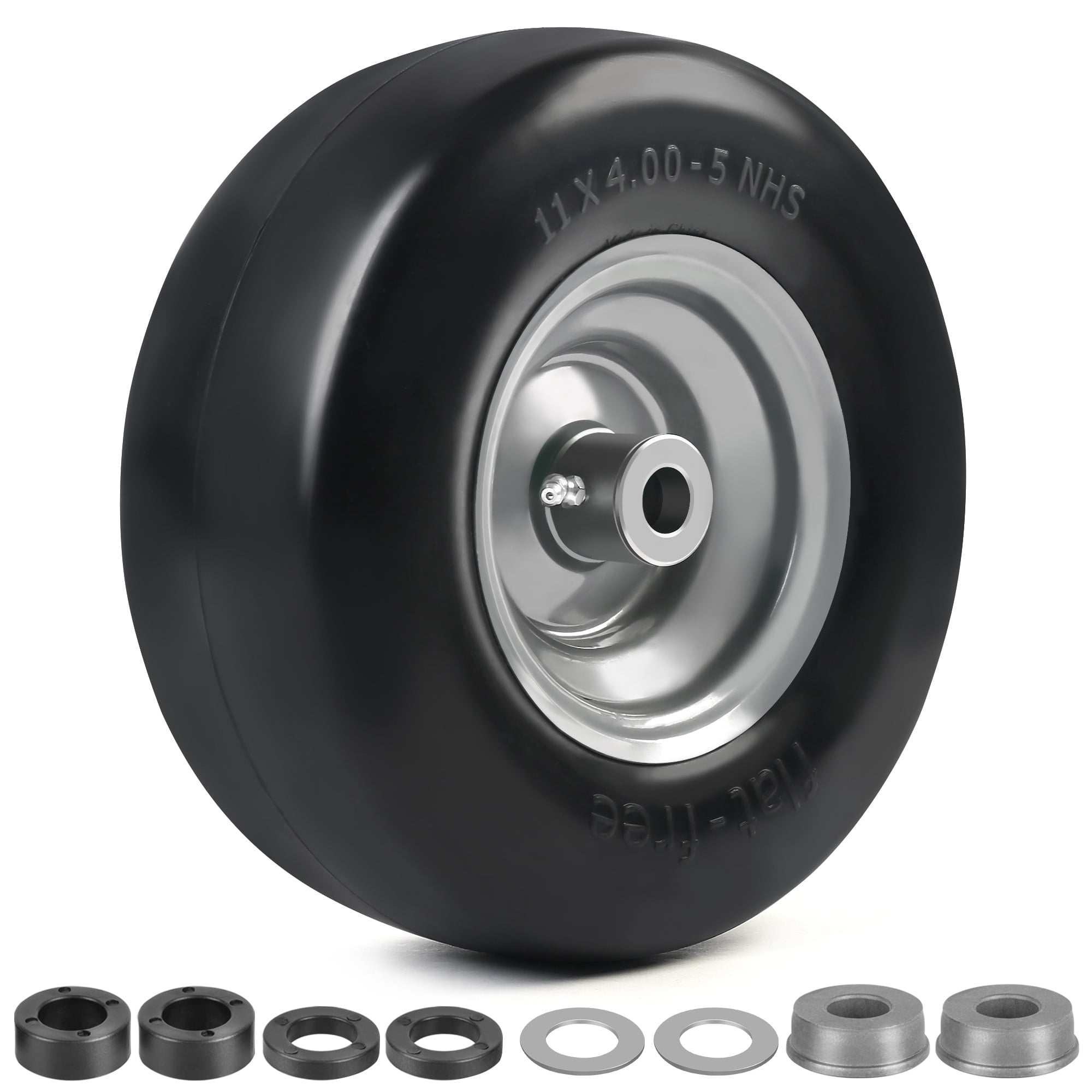 LotFancy 11x4.00-6" Flat Free Lawn Mower Tire and Wheel, Smooth Tread Tire for Zero Turn Mowers