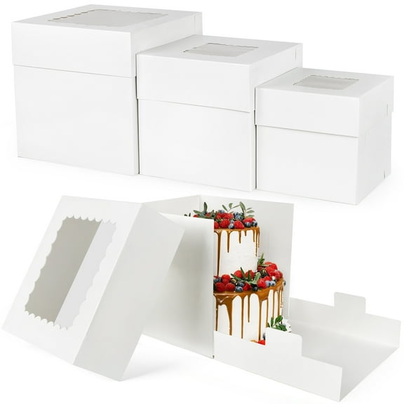LotFancy 12 Pcs Cake Boxes, 8x8x8,10x10x10 and 12x12x12 in Tall Cake Boxes, White Bakery Boxes