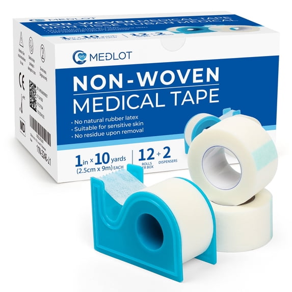 LotFancy 12 Rolls Medical Tape, 1 in x 10 Yards Adhesive Surgical Paper Tapes with 2 Dispensers