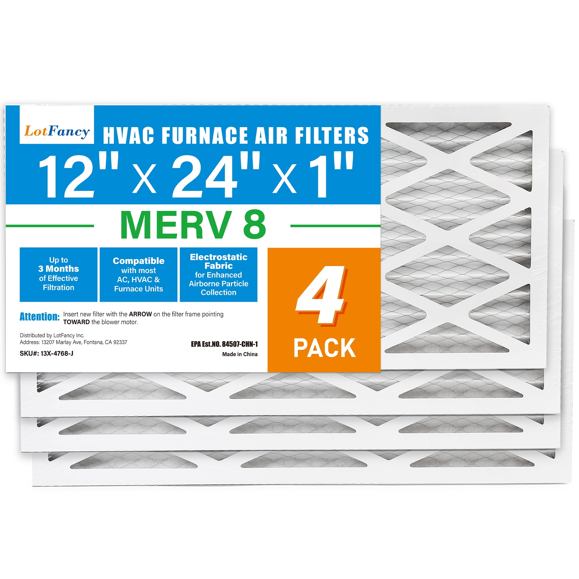 LotFancy 12x24x1 Air Filters, 4 Pack, MERV 8 Pleated HVAC AC Furnace Filters
