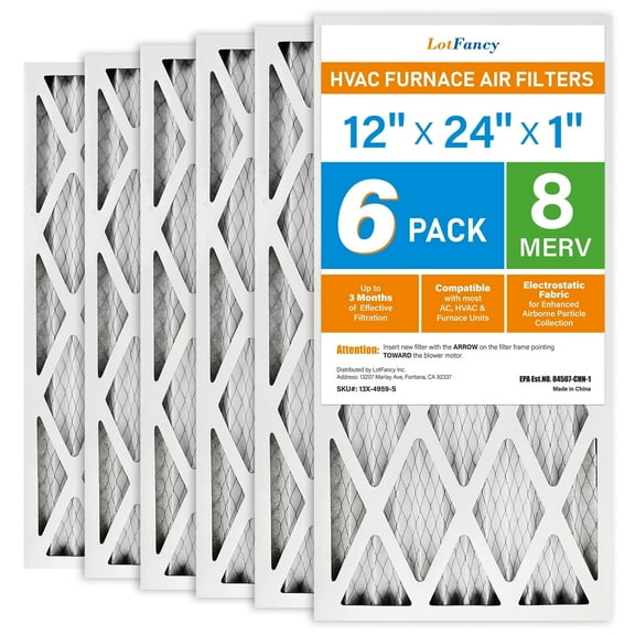 LotFancy 12x24x1 Air Filters, 6 Pack, MERV 8 Pleated AC Furnace Filters