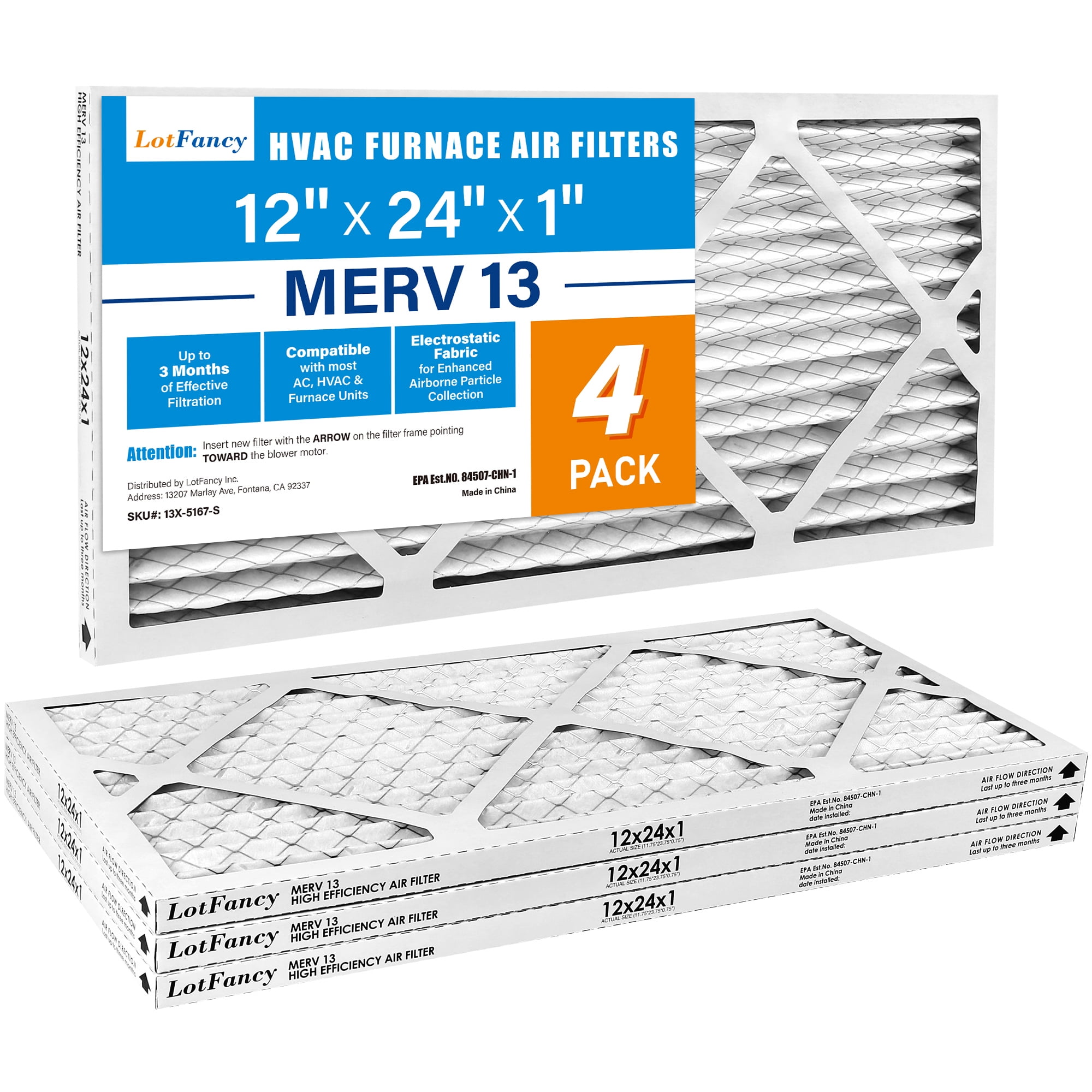 LotFancy 12x24x1 Air Filters, MERV 13 Pleated HVAC AC Furnace Air