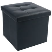 LotFancy 13 in Faux Leather Storage Ottoman Cube,Square Foot Stool Ottoman with Storage,Black