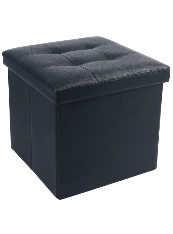 LotFancy 13Inch Faux Leather Storage Ottoman Cube,Square Foot Stool Ottoman with Storage,Black