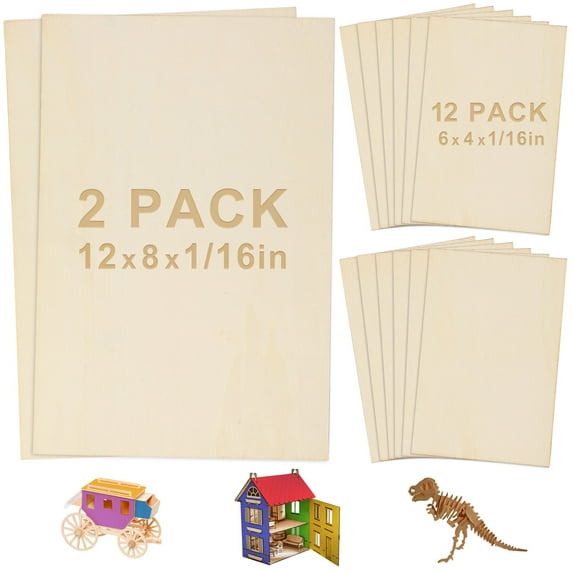 LotFancy 14pc Blank Plywood Unfinished Basswood Sheets for Crafts,12Pc 6x4x1/16 in, 2Pc 12x8x1/16 in