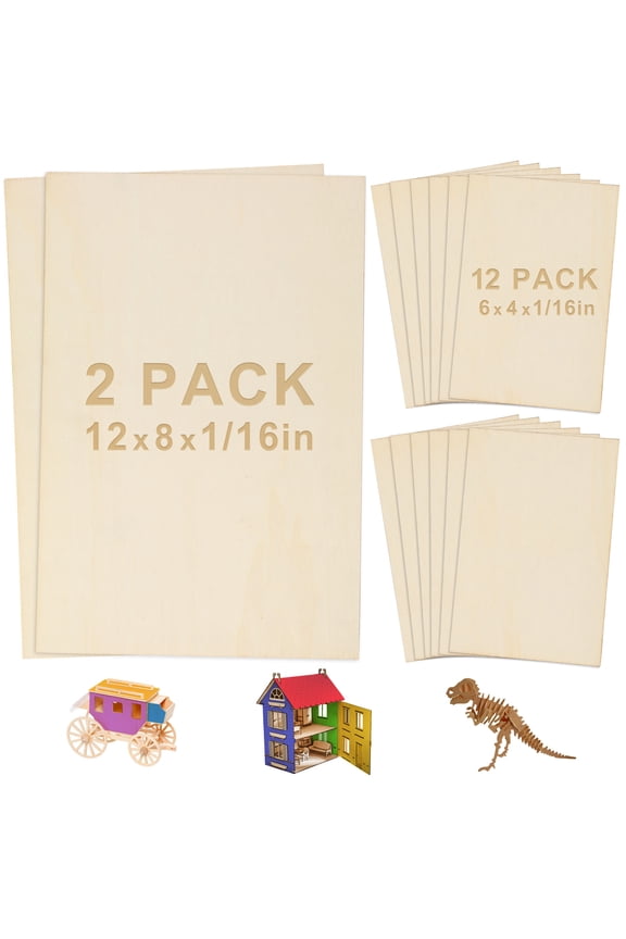 14pc Blank Plywood Unfinished Basswood Sheets for Crafts,12Pc 6x4x1/16 in, 2Pc 12x8x1/16 in