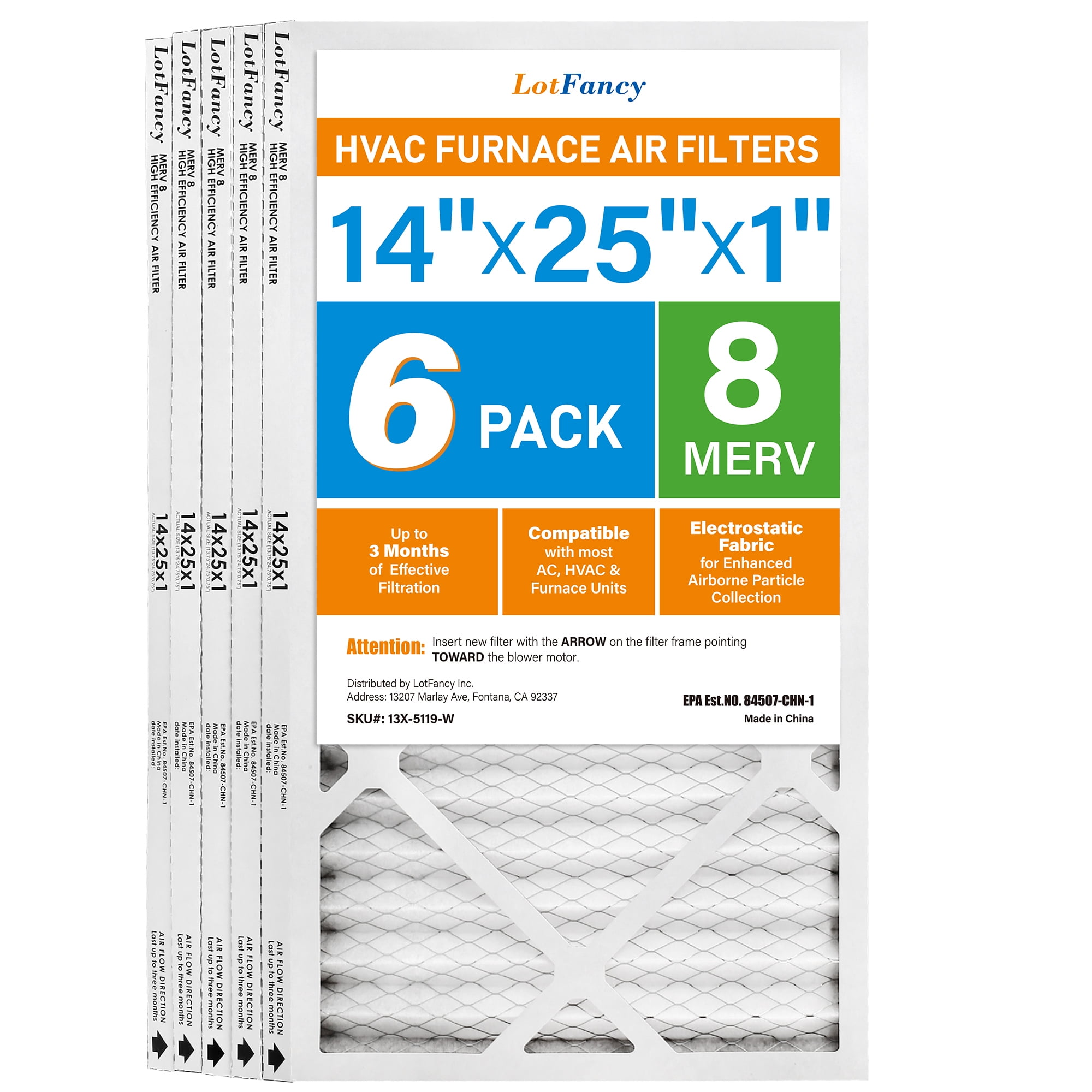 LotFancy 14x25x1 Air Filters, 6 Pack, MERV 8 Pleated HVAC AC Furnace Air Filters