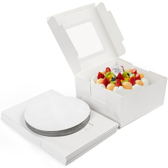LotFancy 15 Pcs Cake Boxes, 10x10x5 Inches White Square Bakery Boxes with Window & 15 Board
