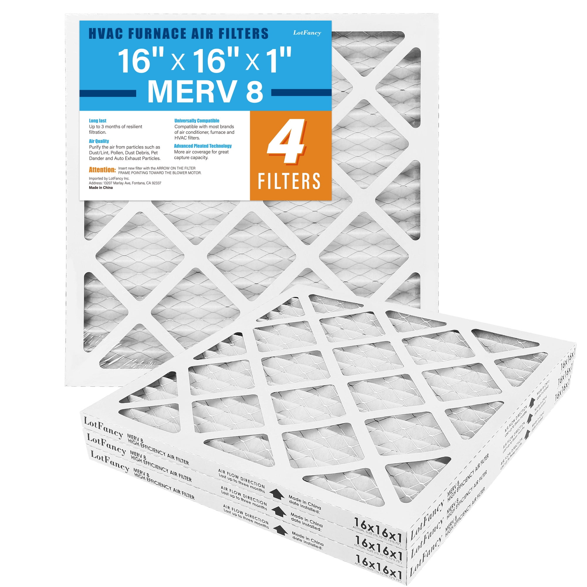 LotFancy 16x16x1 Air Filters, 4 Pack, MERV 8 Pleated AC Furnace Filters