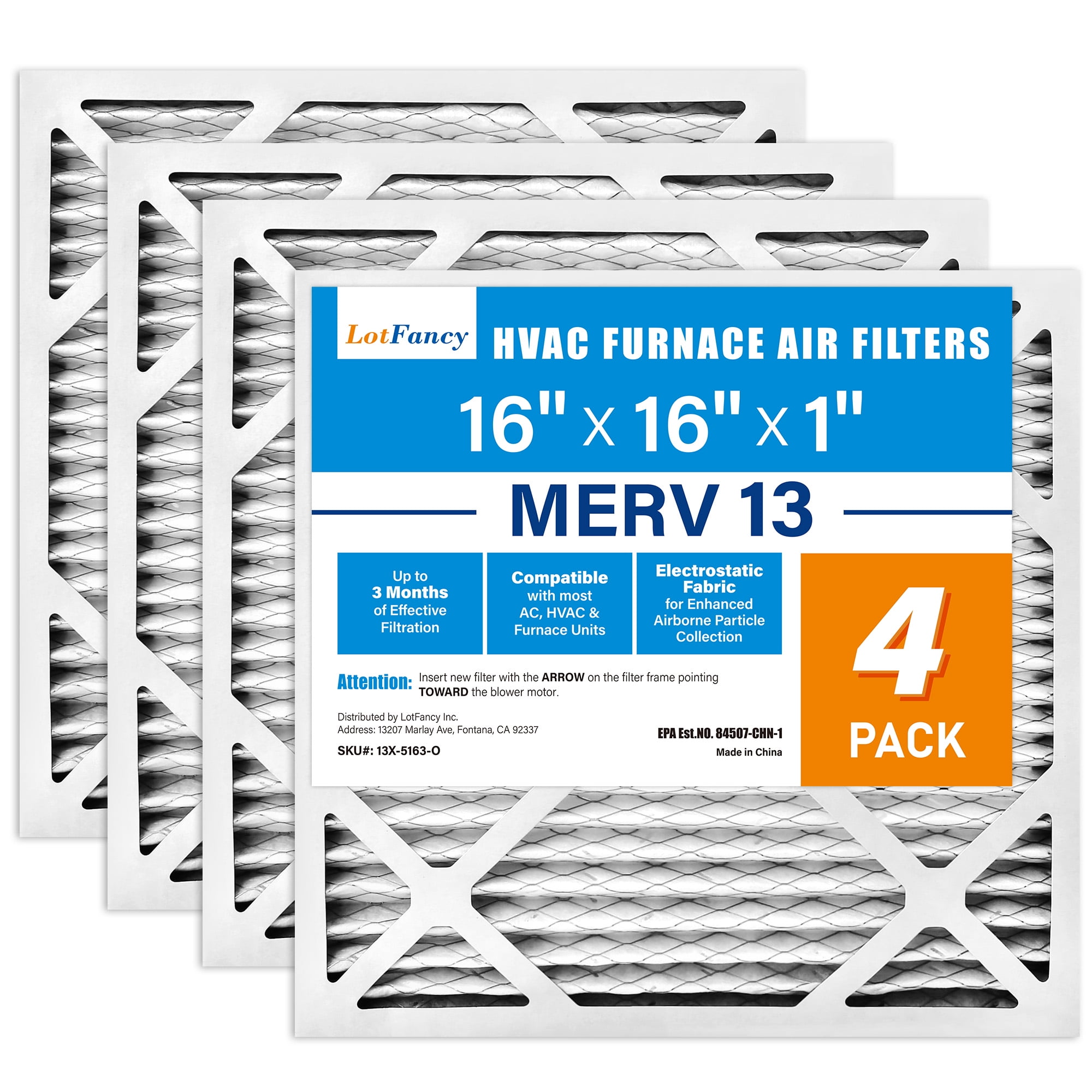LotFancy 16x16x1 Air Filters, MERV 13 Pleated HVAC AC Furnace Air Filters, 4 Pack