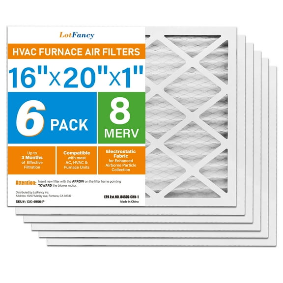 LotFancy 16x20x1 Air Filters, 6 Pack, MERV 8 Pleated HVAC AC Furnace Filters