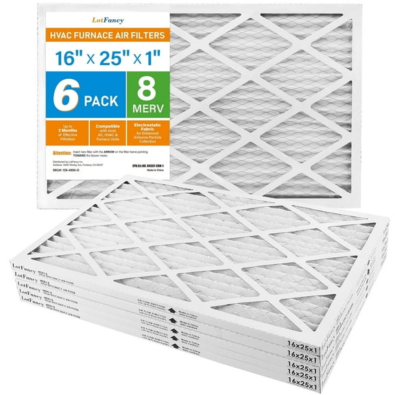 LotFancy 16x25x1 Air Filters, 6 Pack, MERV 8 Pleated HVAC AC Furnace Filters